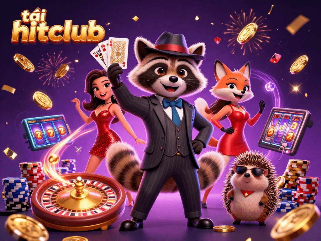 Winning hand in casino with tải hitclub-themed characters and festive elements