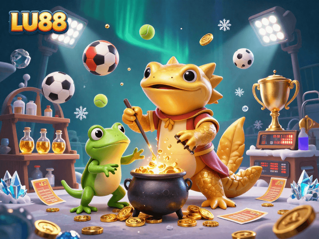 Experience LU88's immersive world with a magical scene featuring the golden salamander alchemist and dynamic sports elements.