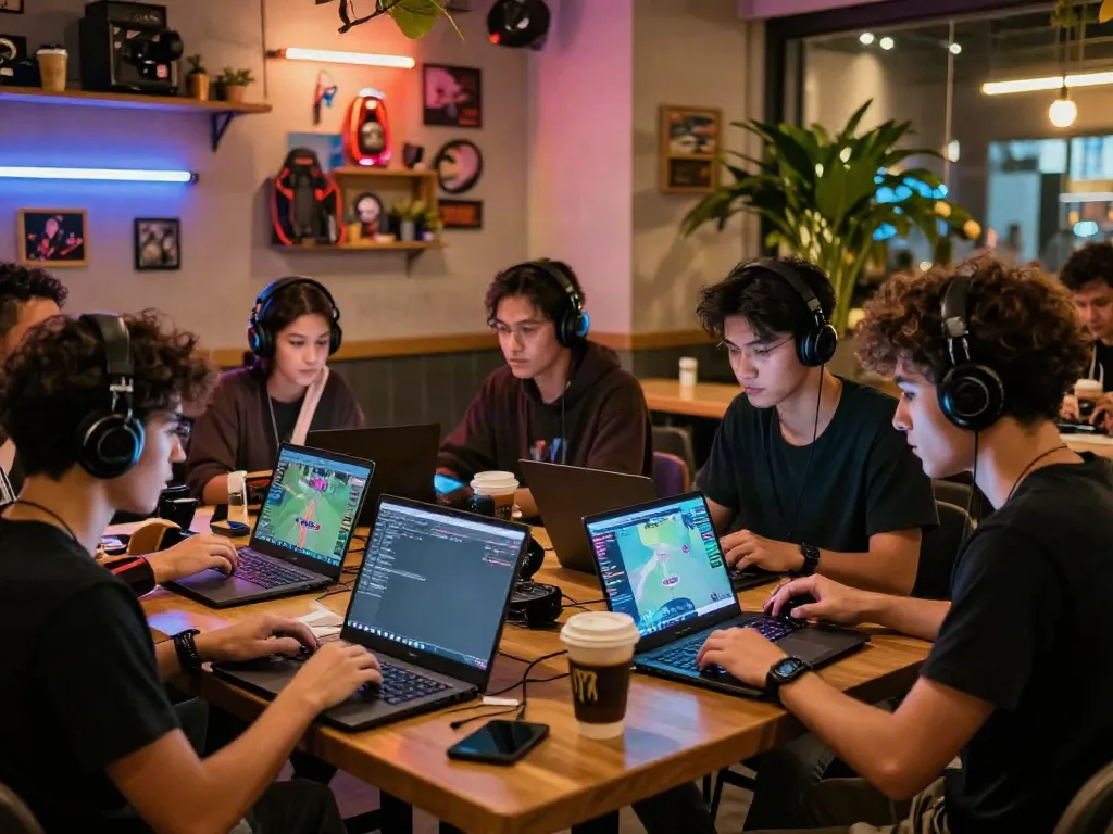 Friends enjoying a multiplayer gaming session at a café, featuring 78win.