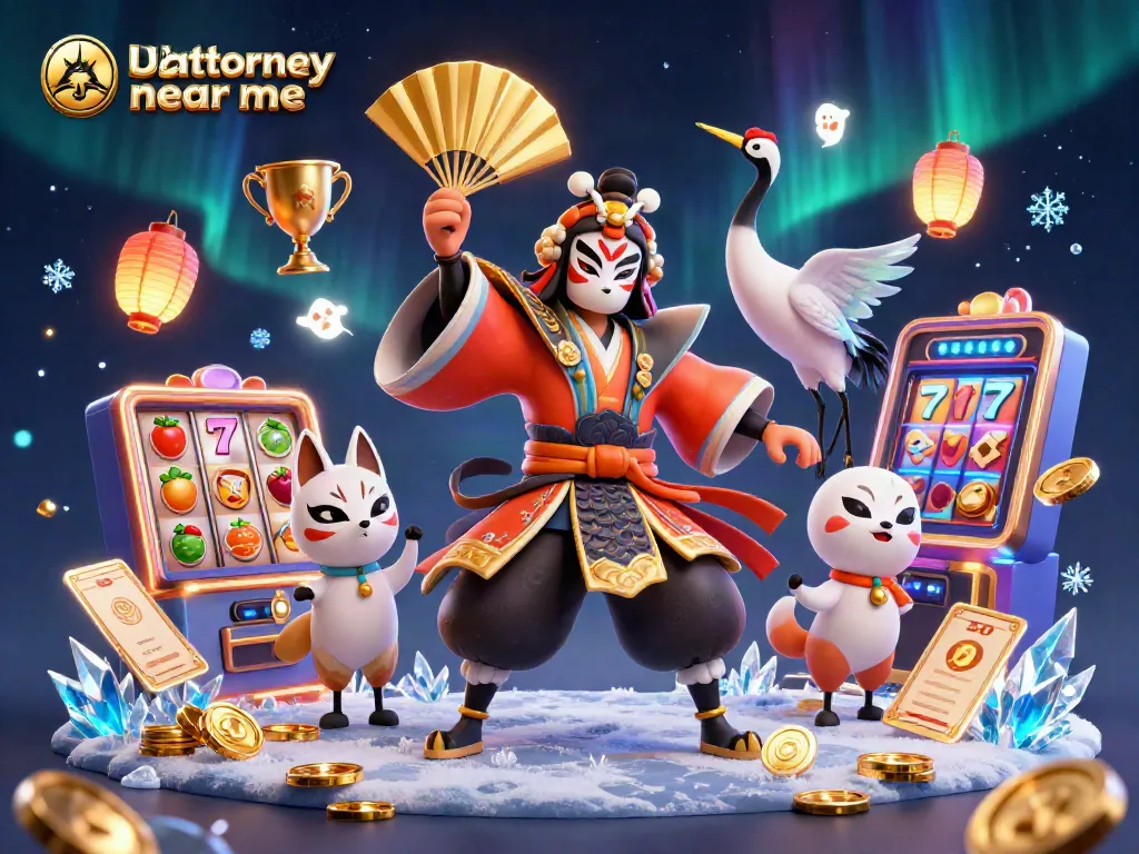 DUI attorney near me illustrating a vibrant, animated casino scene with dynamic slot games and characters.