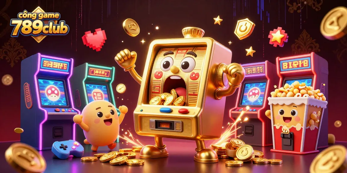 Experience the excitement of cổng game 789club with a golden slot machine hitting the jackpot surrounded by arcade elements.