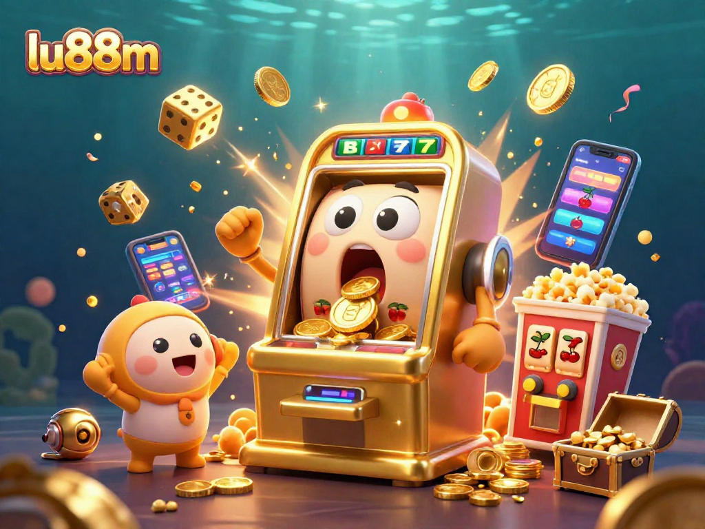 Experience the excitement of lu88m as the golden slot machine scores a jackpot, showering coins everywhere.