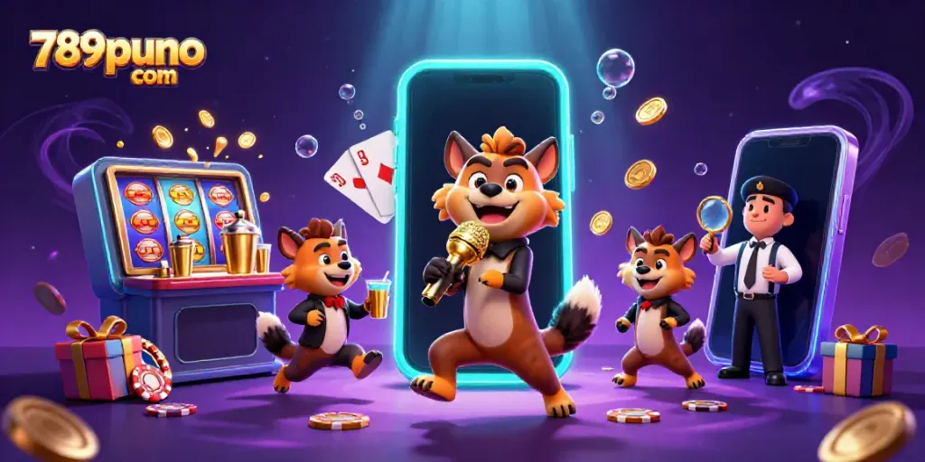 Experience the vibrant energy of 789puno com at a lively comedy casino club with dynamic hyena characters.