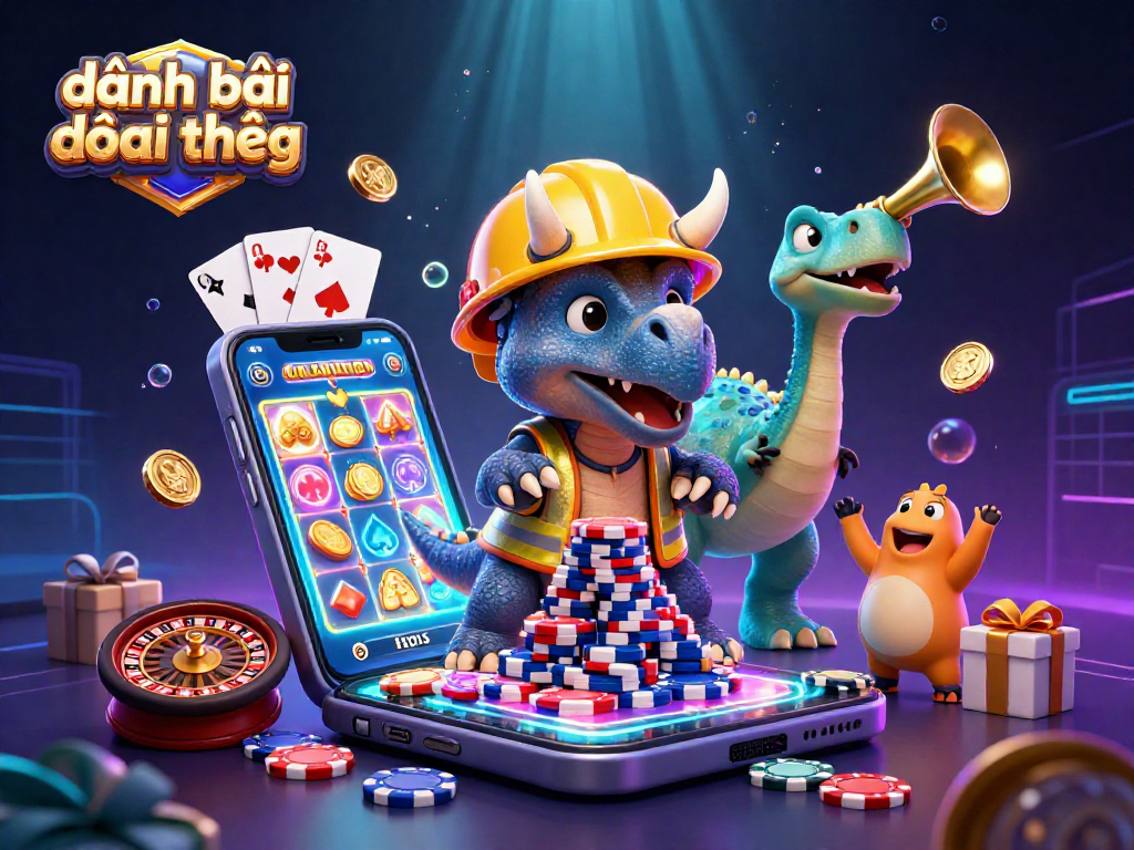 Engaging scene showing a triceratops celebrating while playing đánh bài đổi thưởng with poker chips and vibrant casino elements.