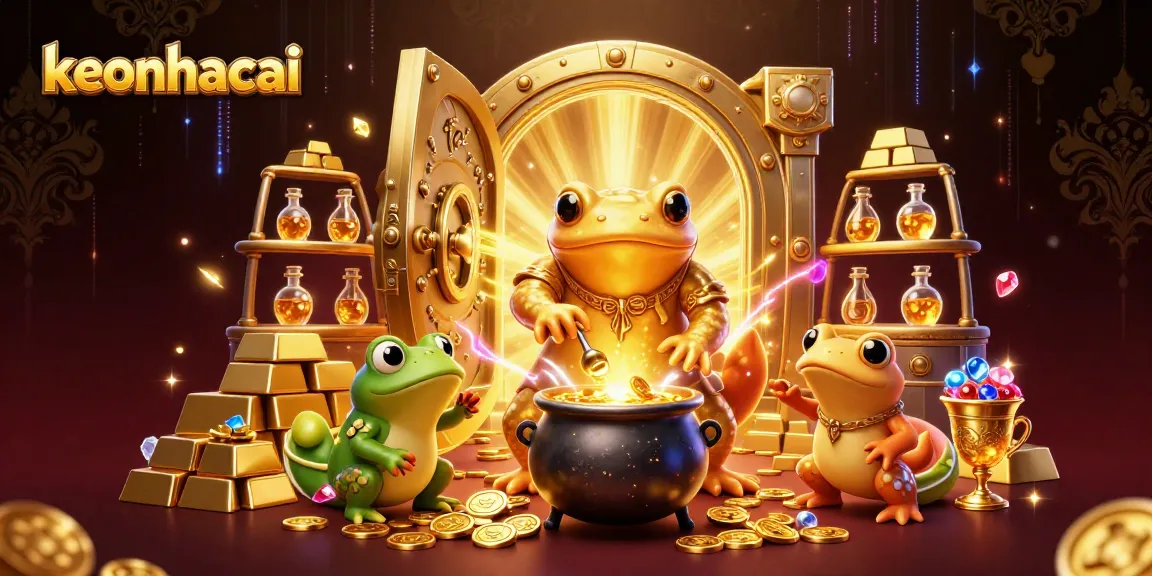 Experience exciting keonhacai gameplay with golden alchemical magic and treasure in 3D illustration.