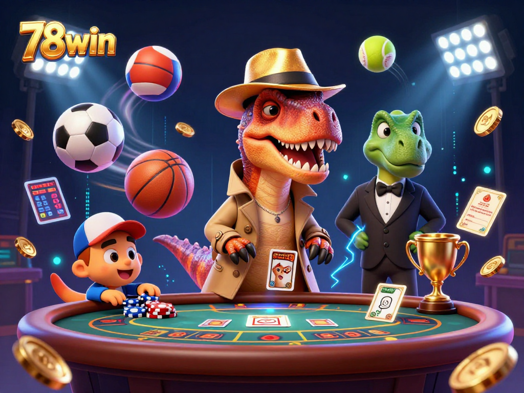 78win showcases a velociraptor card counter at a thrilling blackjack table, capturing the casino excitement.