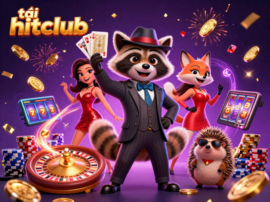 Winning hand in casino with tải hitclub-themed characters and festive elements