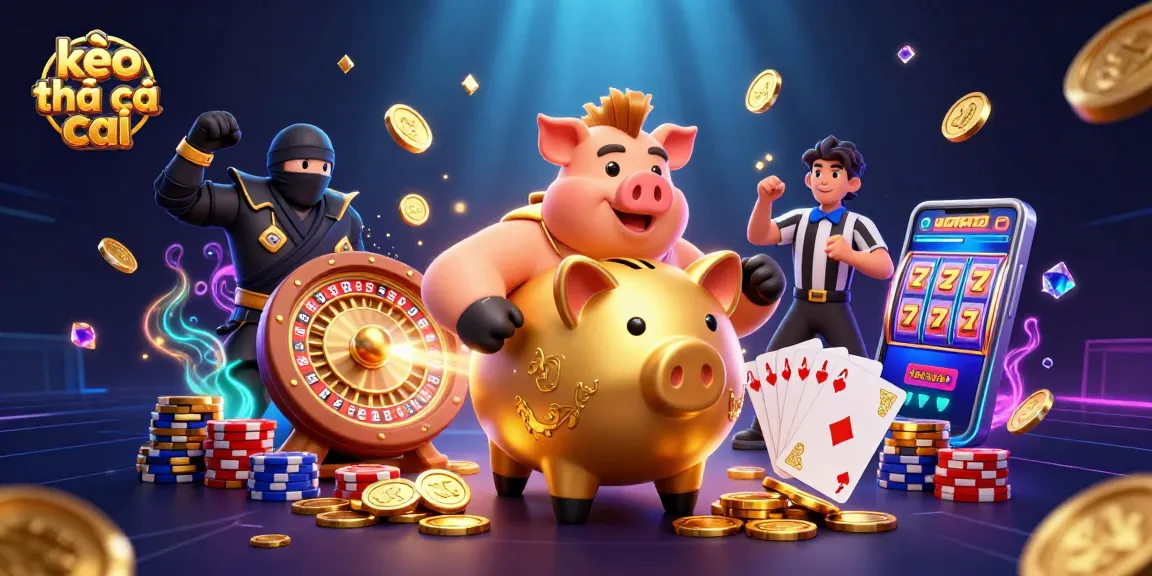 Engage with kèo nhà cái strategies featuring a dynamic scene of a sumo piggy bank wrestler and casino elements.