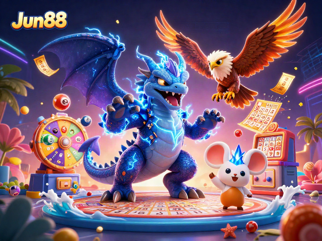 Experience thrilling gameplay with the Jun88 casino dynamic scene of vibrant lottery elements and exciting characters.