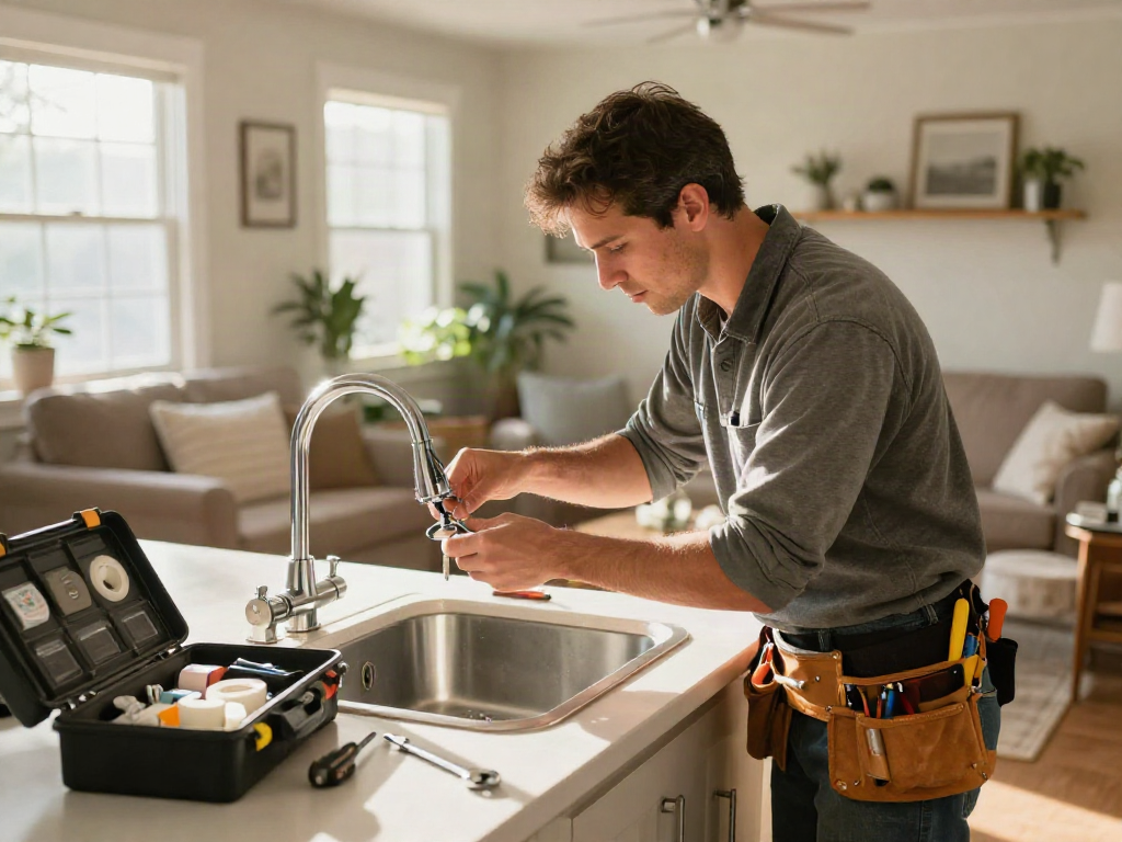 Home repair services Des Moines Iowa showcased with handyman fixing faucet in bright living room.