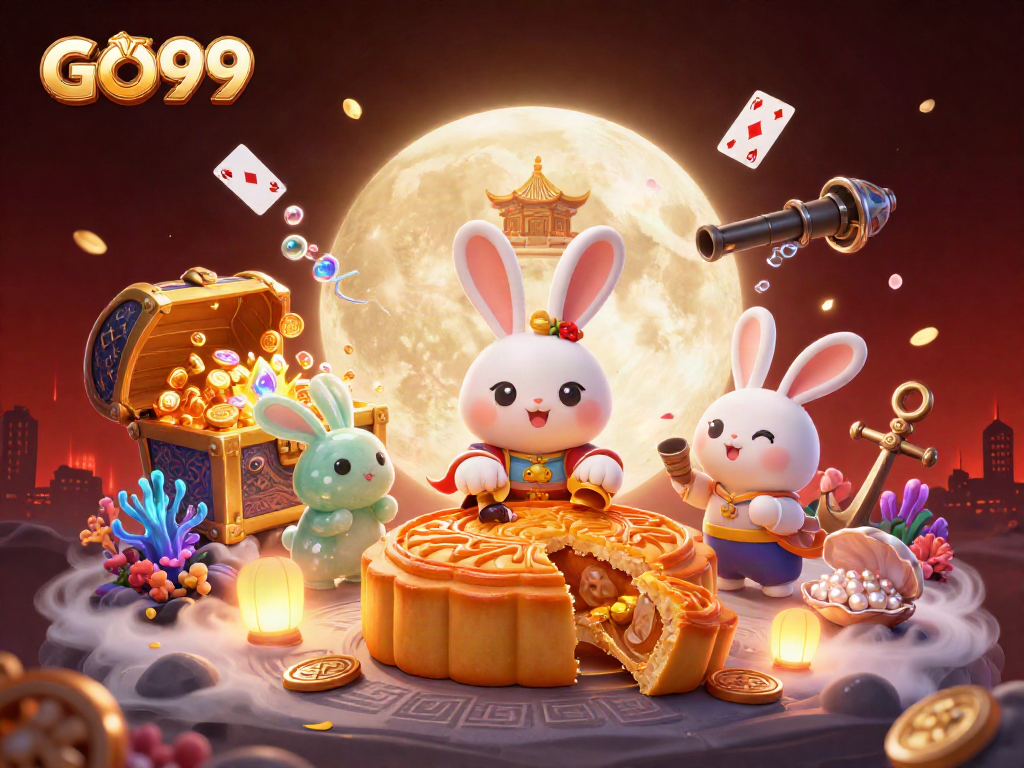 Win big with GO99 in a vibrant casino-themed lunar scene featuring playful characters.