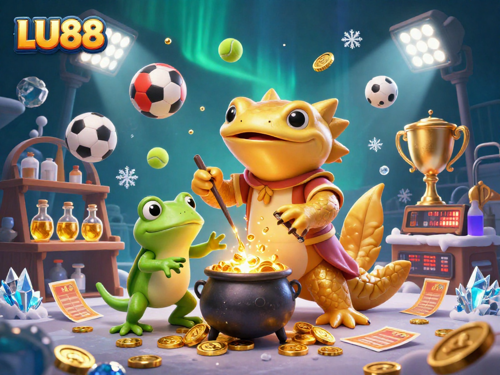Experience LU88's immersive world with a magical scene featuring the golden salamander alchemist and dynamic sports elements.