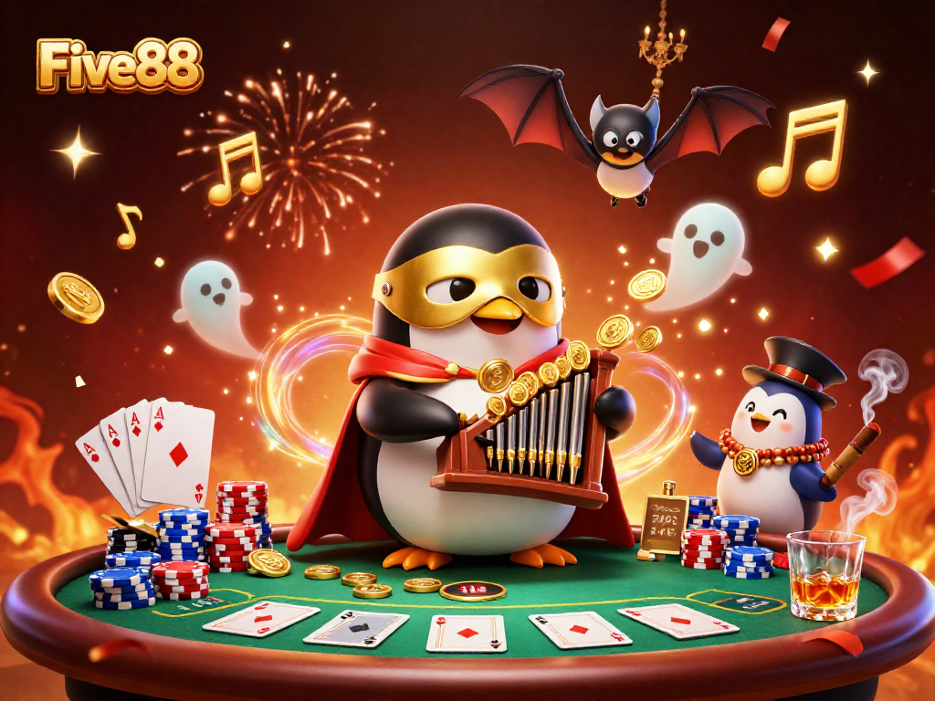 Experience the excitement of Five88 with a vibrant casino scene featuring a phantom opera penguin.