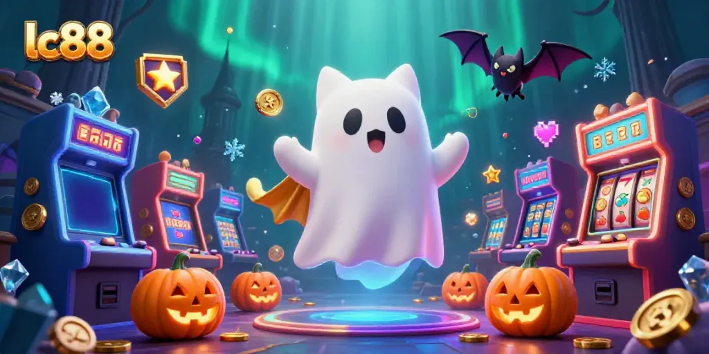 Experience exciting gaming action with lc88's haunted casino, featuring a ghost cat and glowing elements.