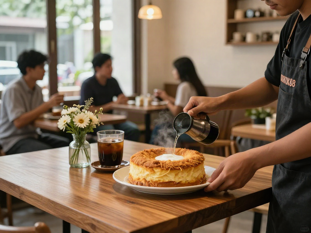 ROKOK88 bolu bakar being prepared in a cozy café setting, highlighting its delicious texture and aroma.