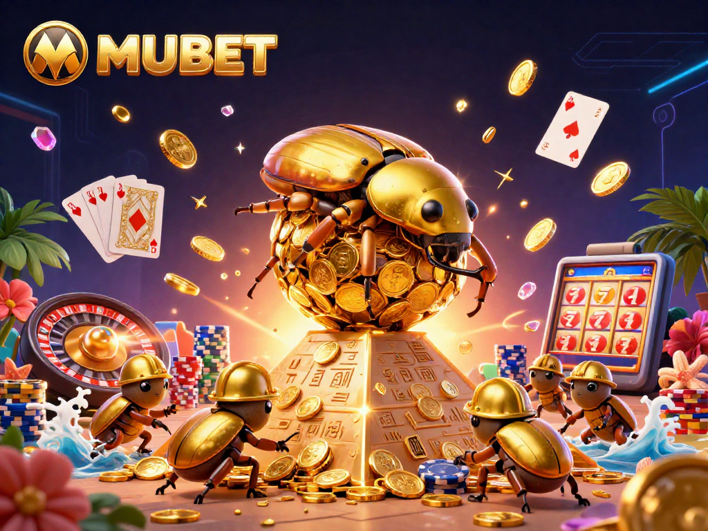 MUBET features a vibrant 3D scene with a golden dung beetle rolling coins amid casino symbols.