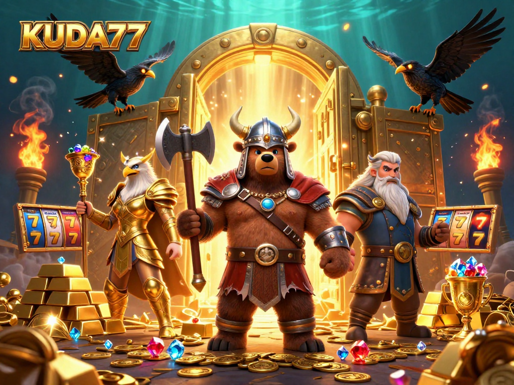 Permainan jackpot kasino KUDA77 dengan karakter beruang Viking dan elang Valkyrie dalam suasana mewah.