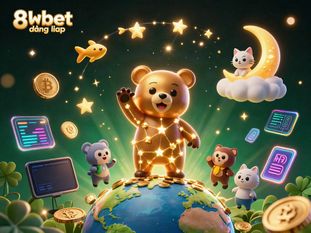 Experience 8xbet đăng nhập with a vibrant 3D digital illustration of a constellation bear and crypto elements.