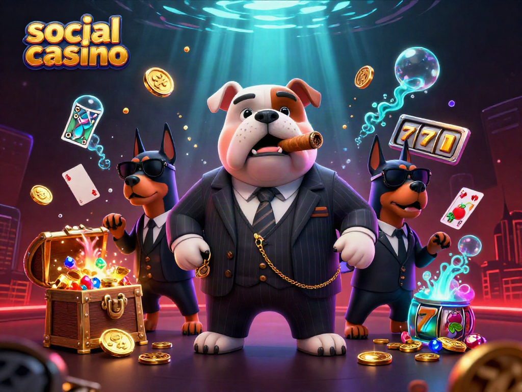 Dynamic 3D cartoon mafia boss bulldog in a social casino scene with explosive treasures and slot elements.