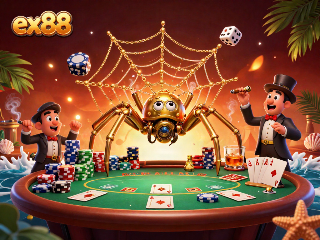 ex88 players engage in dynamic casino action with detailed poker elements and characters.