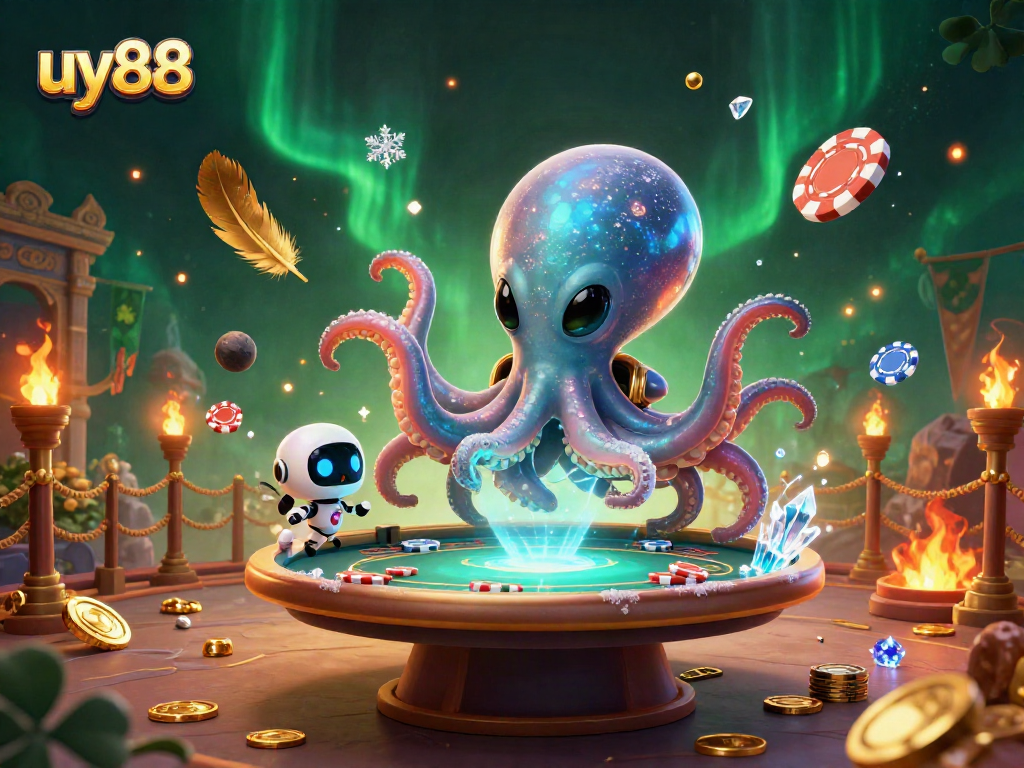 uy88 poker scene featuring an alien octopus and robot, creating thrilling gameplay dynamics