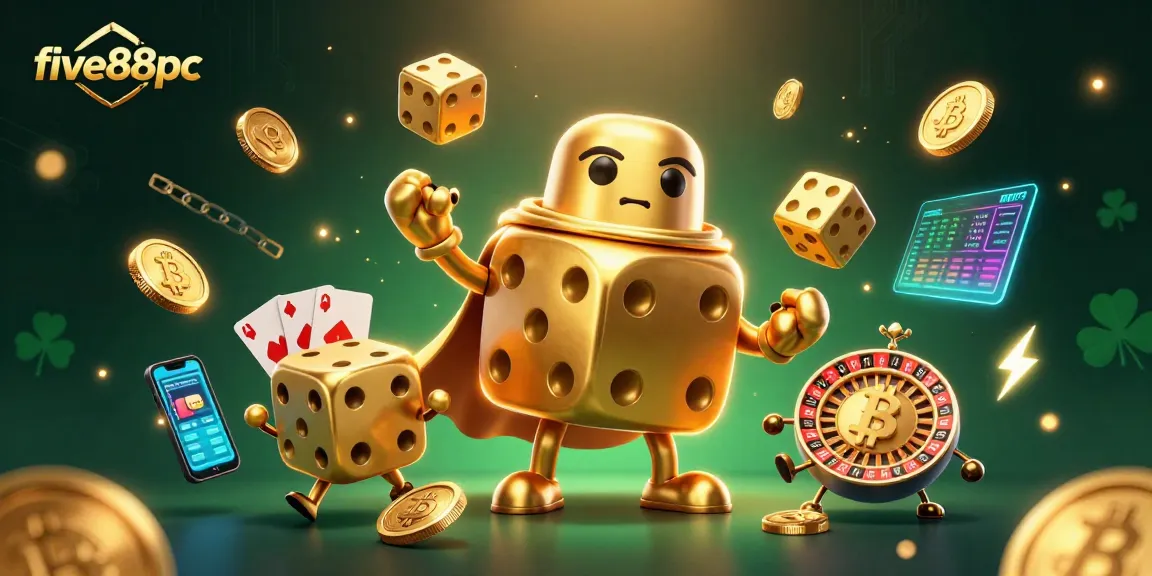 Experience the thrill of betting at five88pc with golden dice and crypto coins in a lively casino setting.