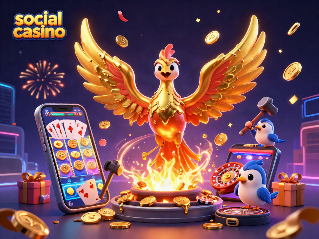 Engage in social casino fun with a golden phoenix and vibrant gaming elements in an electrifying scene.