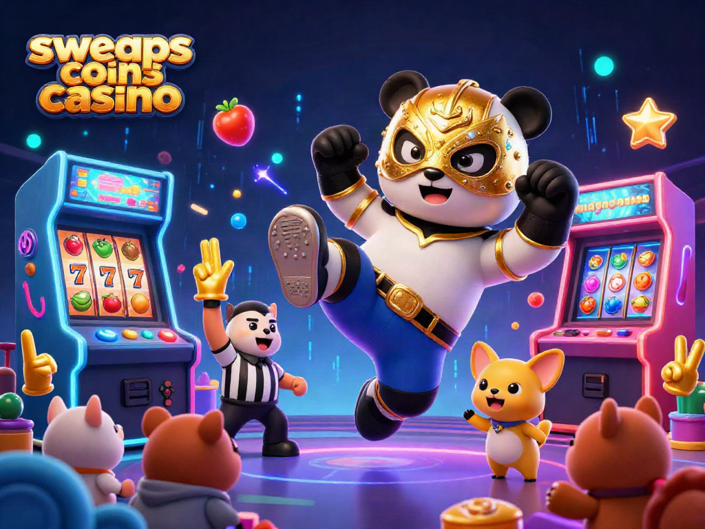 Sweeps coins casino: Enthusiastic animal crowd cheers for a panda wrestler performing in a lively arcade setting.
