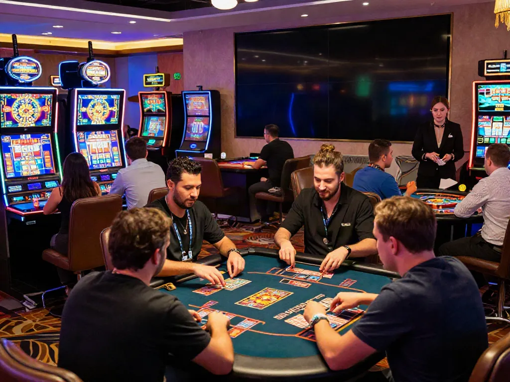 Nbet online casino with diverse players at gaming tables and vibrant slot machines in a modern casino setup.