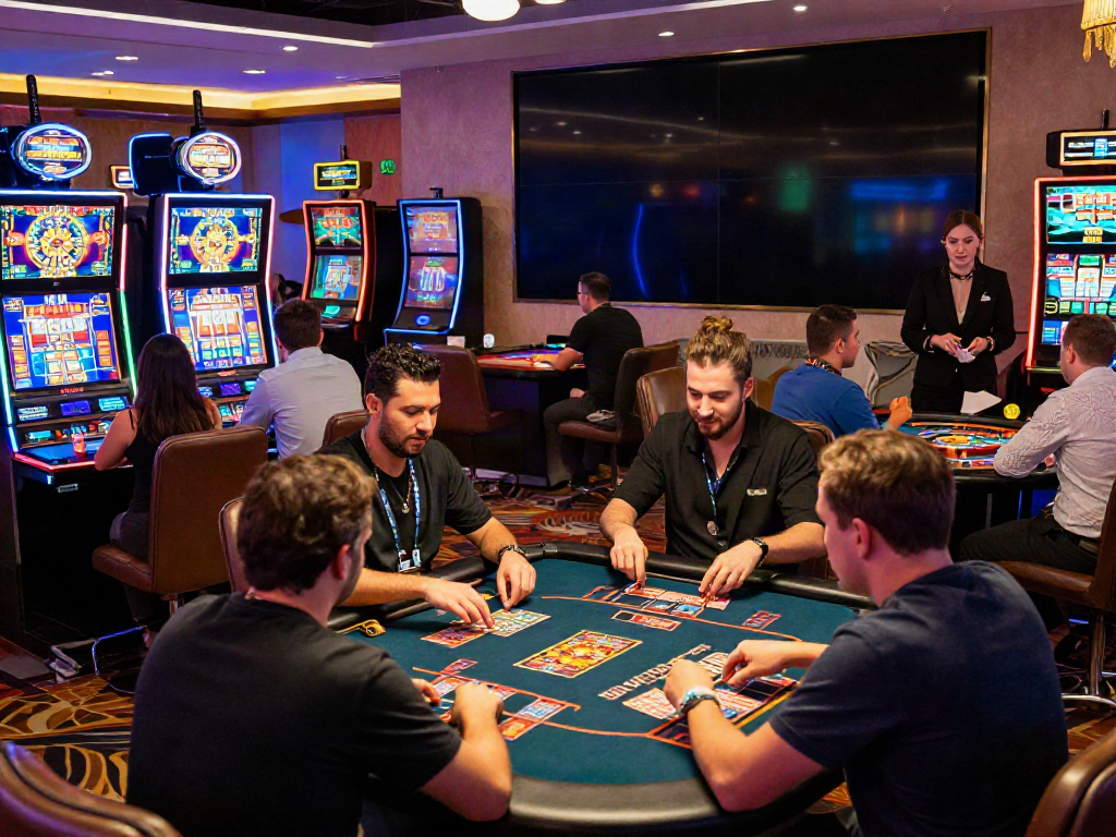 Nbet online casino with diverse players at gaming tables and vibrant slot machines in a modern casino setup.