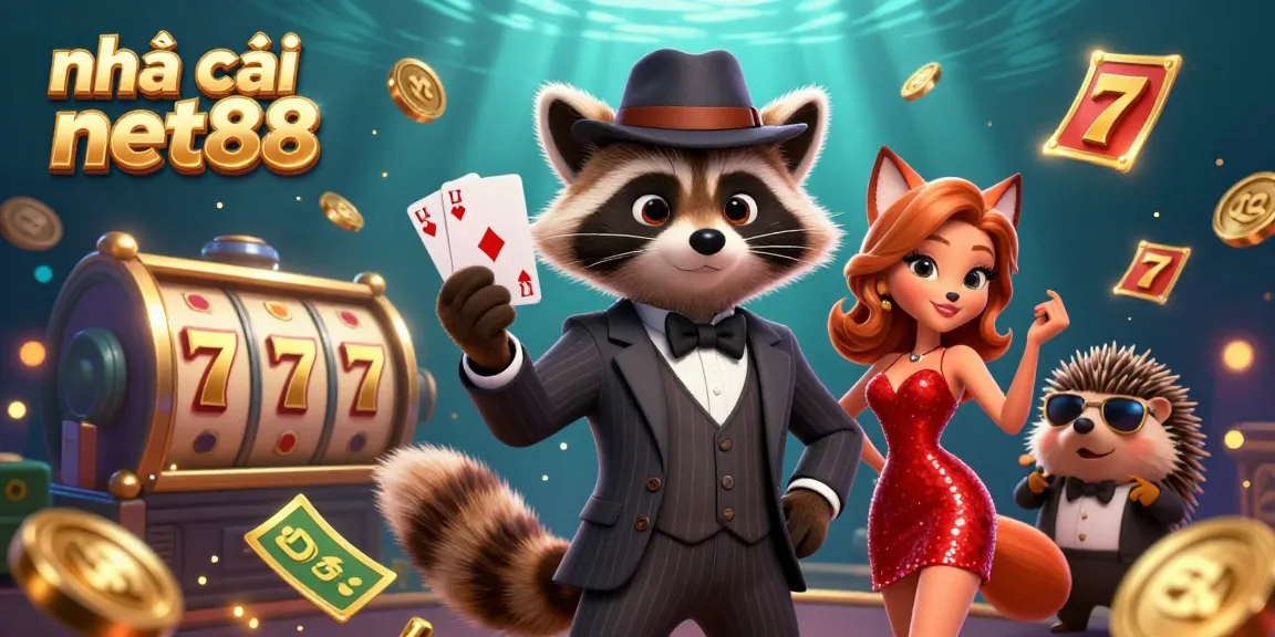 Experience gaming excitement with nhà cái net88 through this lively casino illustration featuring a suave raccoon, fox lady, and bouncer.