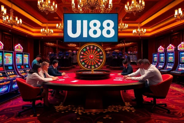 Experience the excitement of UU88 at a luxurious casino poker table with vibrant gaming elements.