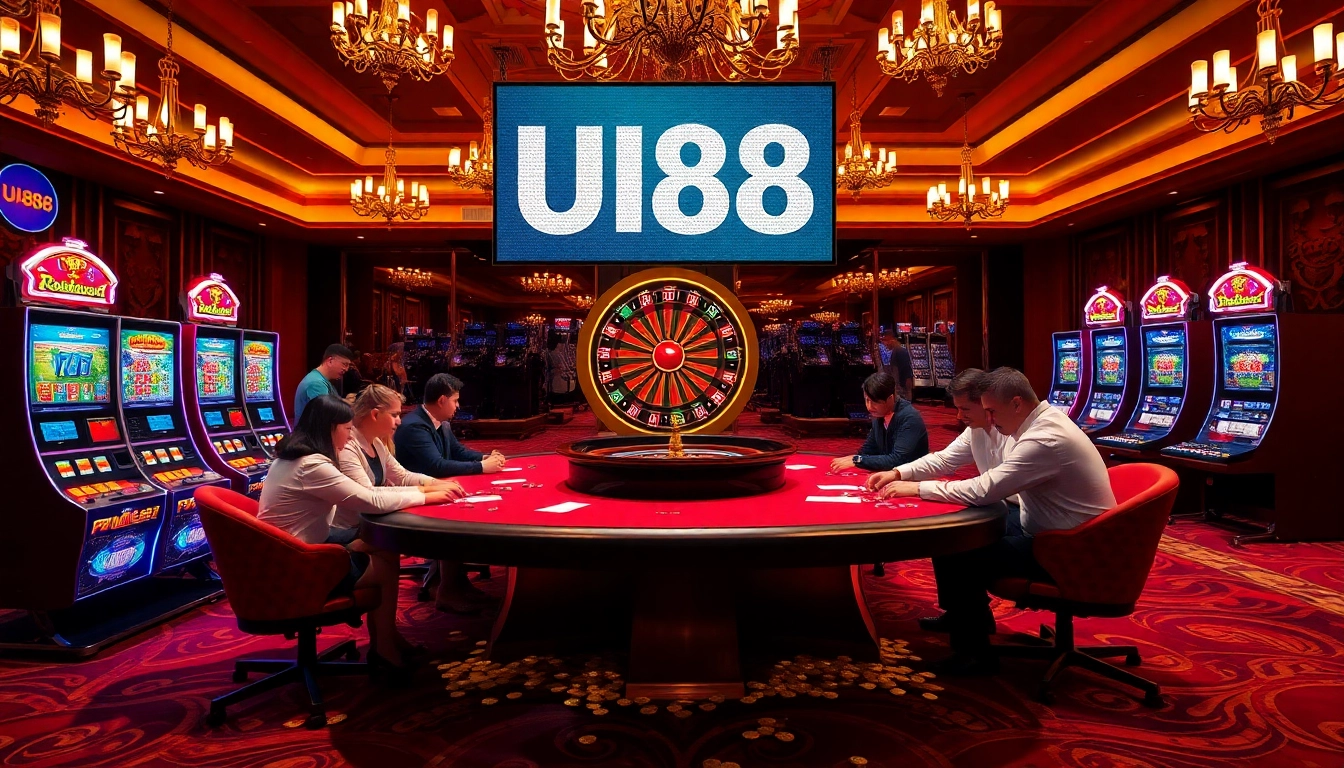 Experience the excitement of UU88 at a luxurious casino poker table with vibrant gaming elements.
