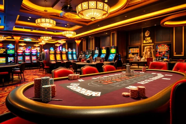 Nha cái uy tín 32win shining in a luxurious casino setting with vibrant games and elegant decor.