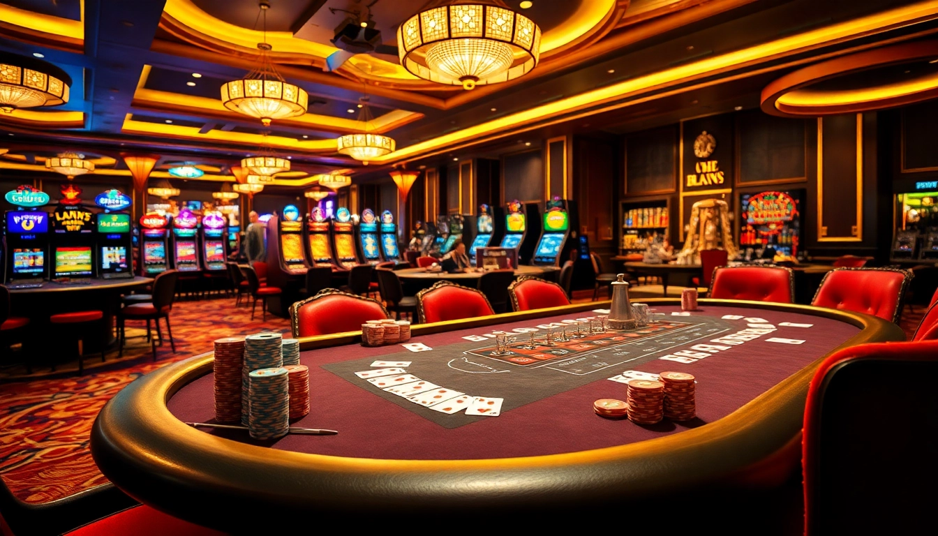 Nha cái uy tín 32win shining in a luxurious casino setting with vibrant games and elegant decor.