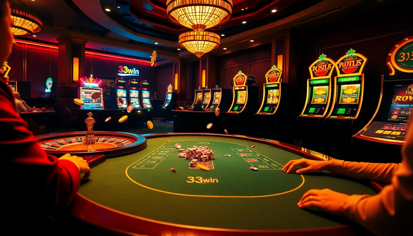 Exciting game action at 33win's luxurious casino poker table with vibrant players and spinning roulette.