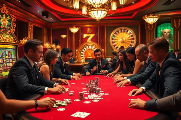 Engaging poker players at a luxurious table, highlighting the thrill of betting on 789pet.