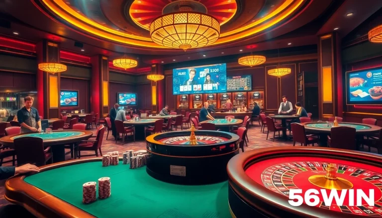 Engaging players at Nhà Cái 56WIN casino with vibrant tables and classic gambling elements.