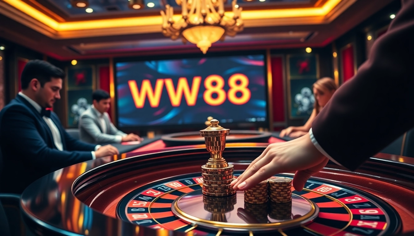 Experience the thrill of winning at WW88 with a vibrant casino scene featuring roulette and poker.