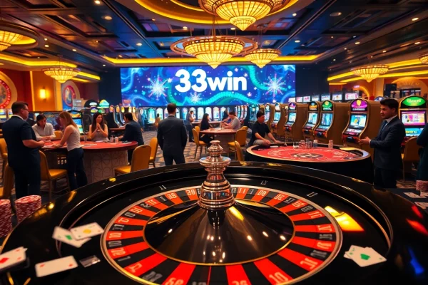 Experience the excitement at 33win with a vibrant casino setup featuring roulette, poker chips, and slot machines.