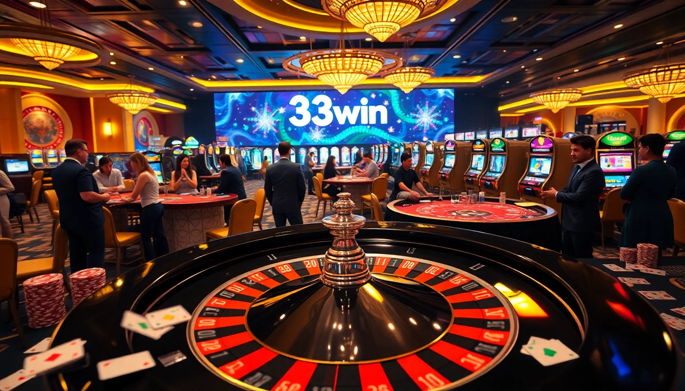 Experience the excitement at 33win with a vibrant casino setup featuring roulette, poker chips, and slot machines.