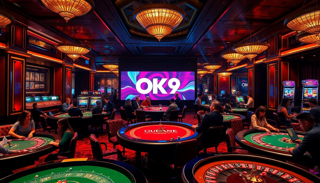 Engaging scene of players enjoying gambling at OK9 casino tables with chips and dice.