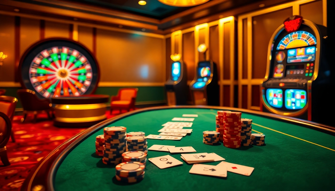 Exciting casino scene featuring 789p poker chips and cards on a luxurious table.