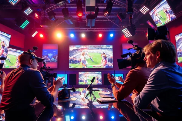 Engaging sports broadcasting scene with hosts and colorful studio dynamics.
