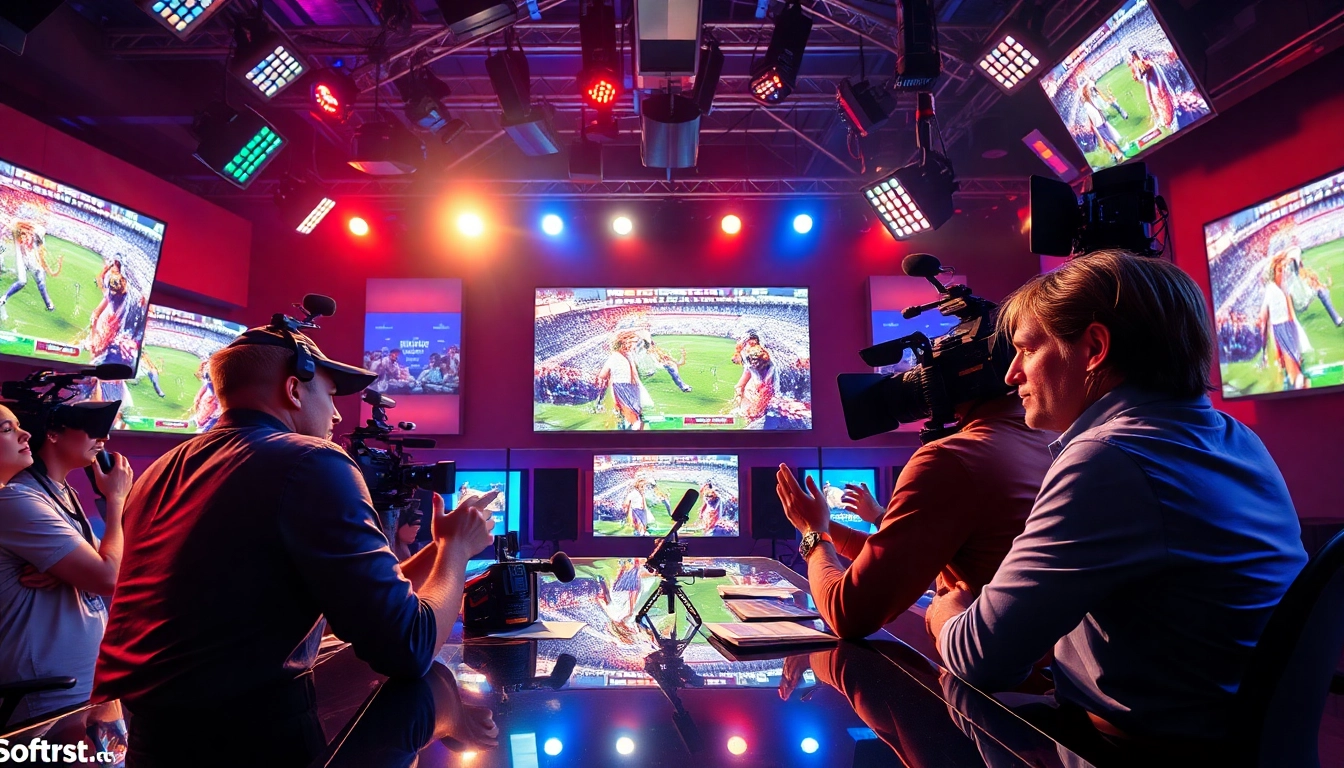 Engaging sports broadcasting scene with hosts and colorful studio dynamics.