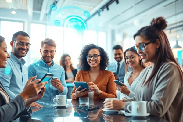 Engaging scene of diverse individuals interacting with Crushon AI technology in a modern café.