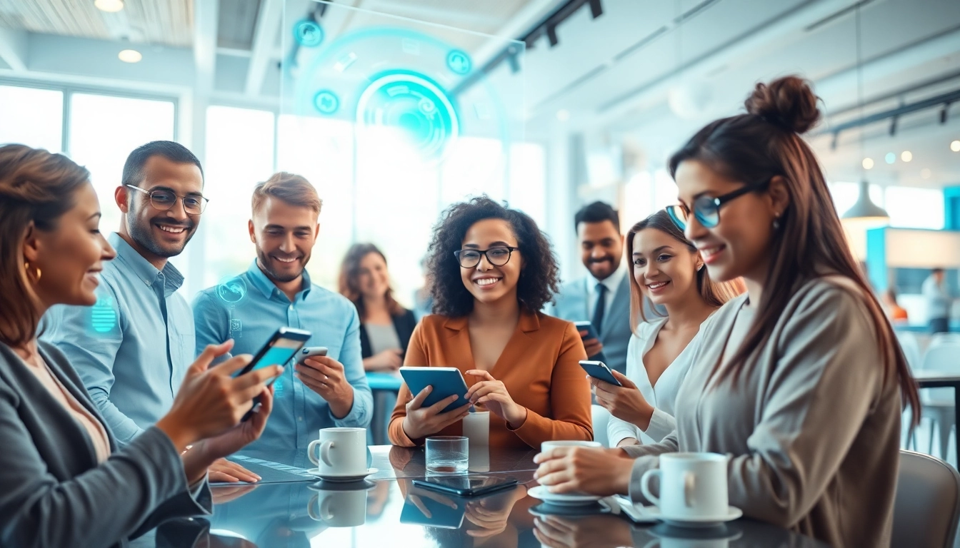 Engaging scene of diverse individuals interacting with Crushon AI technology in a modern café.