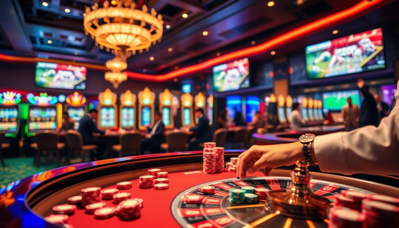 Exciting gambling atmosphere with players engaged at Vaoluoi TV casino tables, highlighting football streaming.