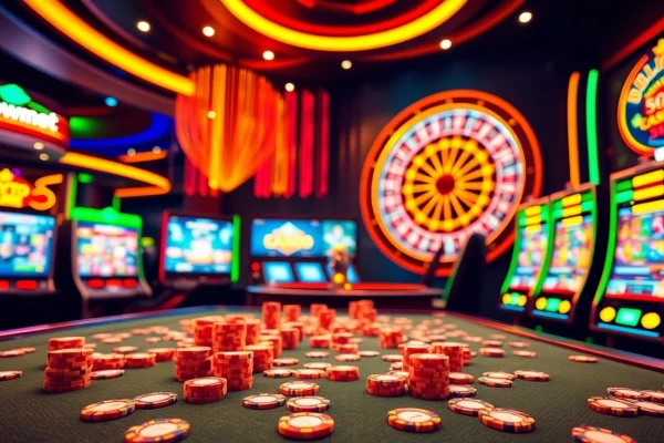 Engaging action at crypto online casinos, featuring vibrant virtual tables and slot machines.