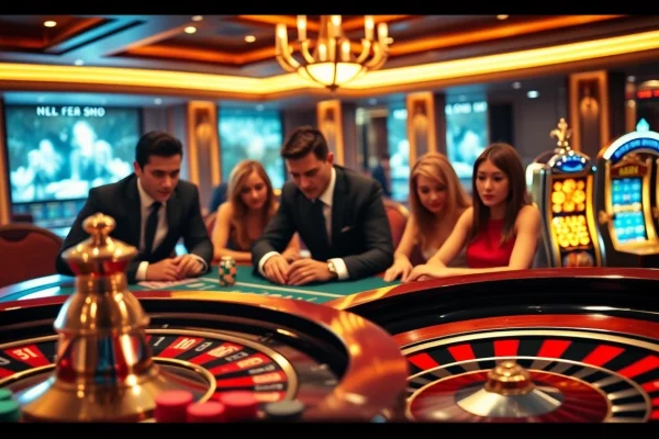 Players enjoying a thrilling game at NK88 casino with vibrant chips and roulette.